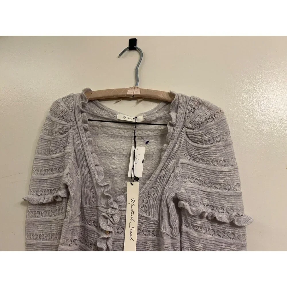 Mustard Seed NEW Ruffle Cardigan Sweater Size S Gray Knit Long Sleeve Cropped Bu - Picture 9 of 11